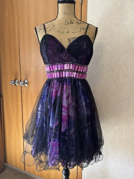 Blush Prom Dresses & Skirts - BLUSH PROM Beaded Black Purple Floral Cocktail Dress Party Holiday HOCO LARGE